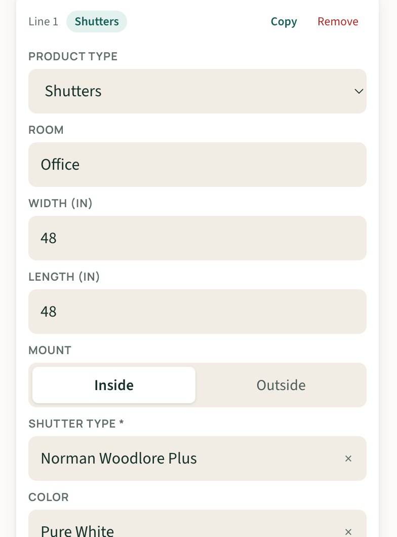 An estimate line item in the Upfront builder with product-specific fields and a line total